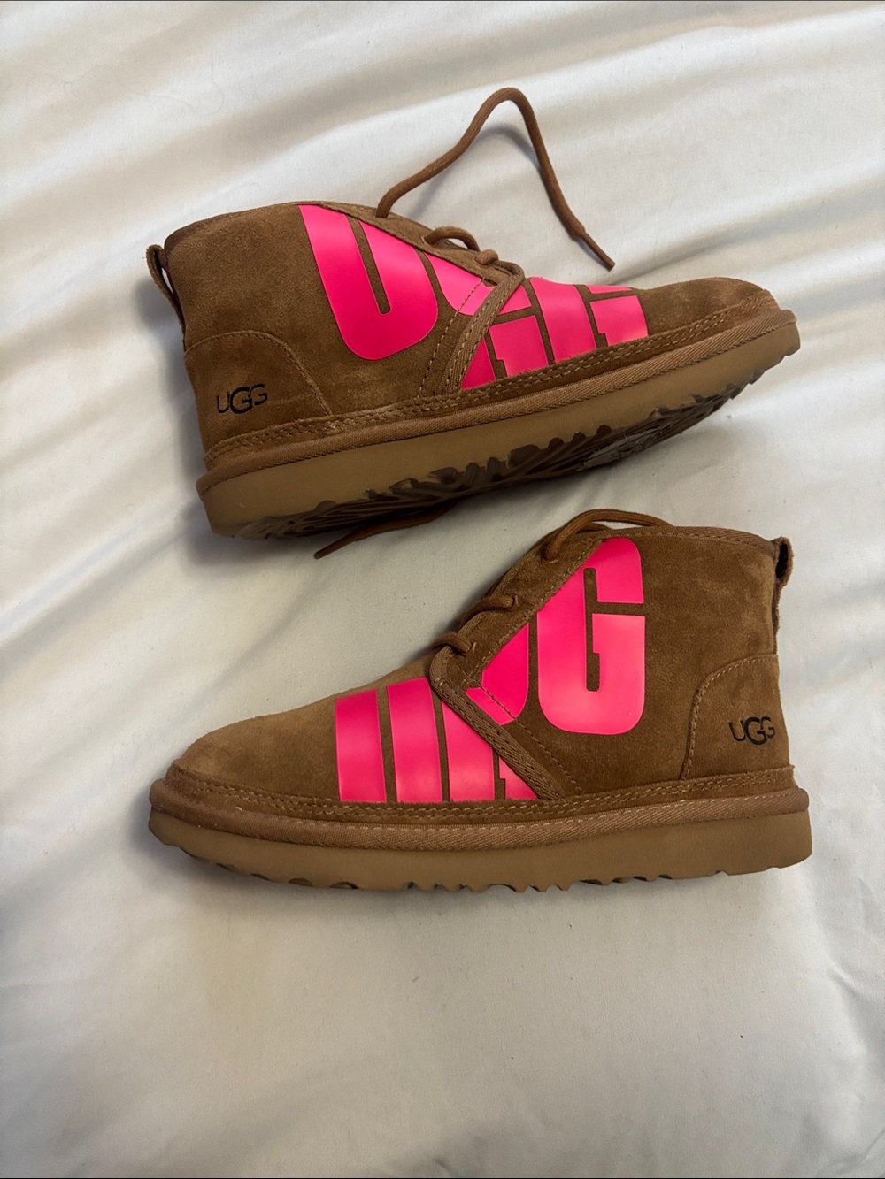 UGG Kids Brown Suede Boots with Bright Pink Logo Panels